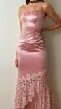 Lovely Pink Two Pieces Strapless Sheath Satin Long Party Dress Birthday Outfits, HZ0319