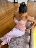 Lovely Pink Two Pieces Strapless Sheath Satin Long Party Dress Birthday Outfits, HZ0319