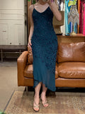 90s Retro Prom Dress Navy Blue Spaghetti Straps Beading Sheath Gala Gown Evening Dress Party Outfits HZ0319