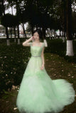 90s Retro Prom Dress Light Green Straps Pleated Tulle Gala Gown Evening Dress Party Outfits HZ0319