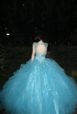 90s Retro Ball Gown Light Blue Sweetheart Ruffle Gala Gown Evening Dress Prom Dress HZ0319