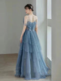 Vintage Blue Beaded Design Elegant A-Line Chiffon Tulle Evening Dress Prom Dress HZ0319
