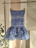 Vintage Dark Blue Pattern Design Strapless Mini Party Dress Homecoming Dress HZ0319