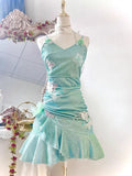 Fashion Mint Green Sparkling Sequin Spaghetti Strap Ruffled Hem Short 16th Birthday Party Dress Homecoming Dress HZ0319
