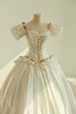 Elegant Square Neck Lace Ruffle Pleated Wedding Dress HZ0319