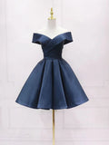 Retro Navy Blue Off-the-shoulder Design A-line Satin Party Dress Homecoming Dress HZ0319
