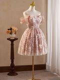 Vintage Pink 3D Flower Design A-line Off-the-shoulder Homecoming Dress , HZ0319