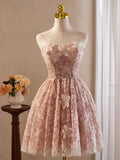 Vintage Pink 3D Flower Design A-line Off-the-shoulder Homecoming Dress , HZ0319