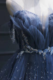 Vintage Blue Beaded Design Elegant A-Line Chiffon Tulle Evening Dress Prom Dress HZ0319