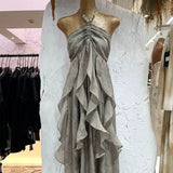 Floral Ruffle Design Halter Dress Elegant A-line Chiffon Evening Party Dress HZ0319