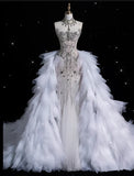 Vintage Sparkling Beaded Mermaid Design Strapless Princess Wedding Dress, HZ0319