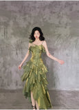 Retro Spaghetti Strap Irregular Ruffled Detachable Rose Design Elegant Satin Evening Dress Prom Dress HZ0319