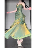 Vintage Green Spaghetti Strap Ruffle Design Elegant A-line Satin Evening Dress Prom Dress HZ0319