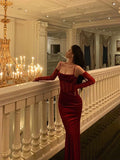 Vintage Red Spaghetti Strap Gloves Design Elegant Sheath Evening Dress Prom Dress HZ0319