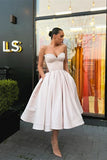Retro Light Pink Sweetheart Strapless Design A-line Satin Party Dress Homecoming Dress HZ0319