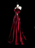 Wine Red Strapless A-Line Satin Long Prom Dress Vintage Evening Dresses, HZ0319