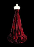 Wine Red Strapless A-Line Satin Long Prom Dress Vintage Evening Dresses, HZ0319