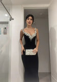 Elegant Black Straps Mermaid Beaded Long Party Dresses Evening Gown, HZ0319