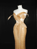 Gold Strapless Mermaid Sequins Beading Long Evening Dress Birthday Outfits, HZ0319