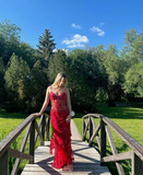 Sexy Red Spaghetti Straps Mermaid Beading Long Party Dress Evening Gown, HZ0319
