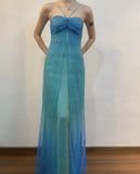 Blue Ombre Halter Straps A-Line Satin Long Prom Dress Vintage Party Dress, HZ0319