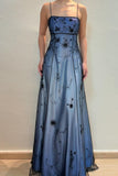 Blue Ombre Straps A-Line Beading Satin Vintage Party Dress Long Evening Dress, HZ0319