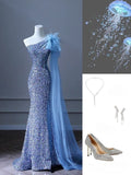 Blue One Shoulder Sequins Mermaid Long Party Dress Stunning Evening Gown, HZ0319