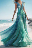 Goegeous Blue V Neck A-Line Satin Long Prom Dress Evening Gown, HZ0319