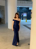Dark Navy One Shoulder Mermaid Satin Long Party Dress Evening Gown, HZ0319
