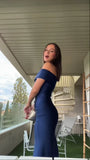 Dark Navy One Shoulder Mermaid Satin Long Party Dress Evening Gown, HZ0319
